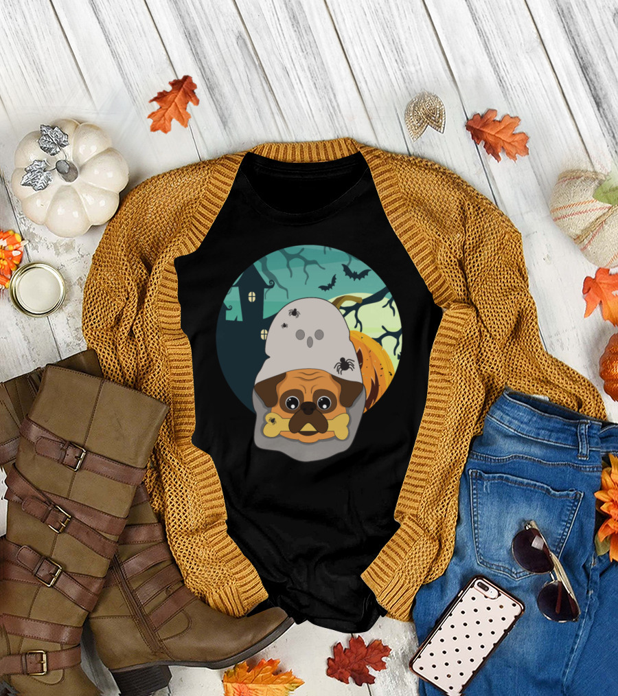 Scary Halloween Dog Pug Ghost with Haunted House and Pumpkin T-Shirt