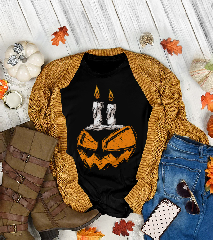 Creepy Halloween Pumpkin Face with Dripping Candle Lantern T-Shirt