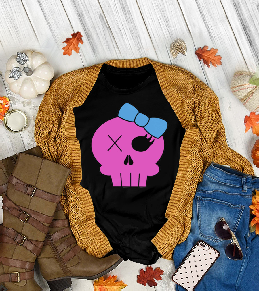 Pink Skull with Blue Bow T-Shirt