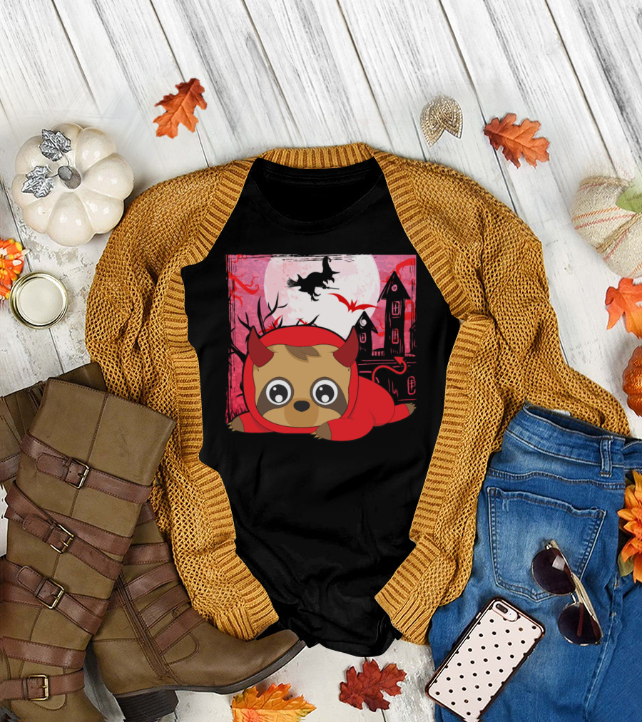 Cute Halloween Sloth Devil with Haunted House and Witch Flying T-Shirt