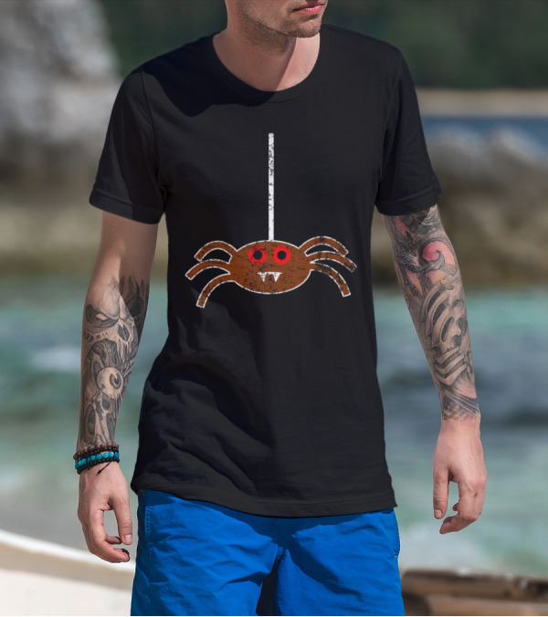 Hanging Cartoon Spider With Red Eyes And Fangs T-Shirt