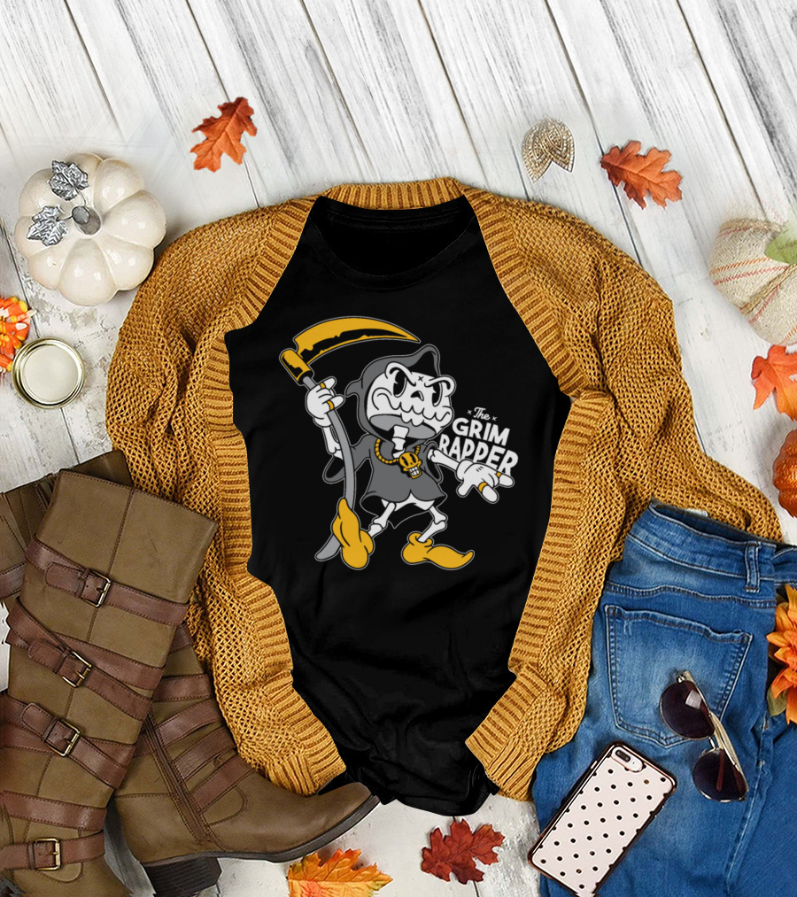 The Grim Reaper Funny The Grim Rapper Skeleton with Scythe and Gold Accessories T-Shirt