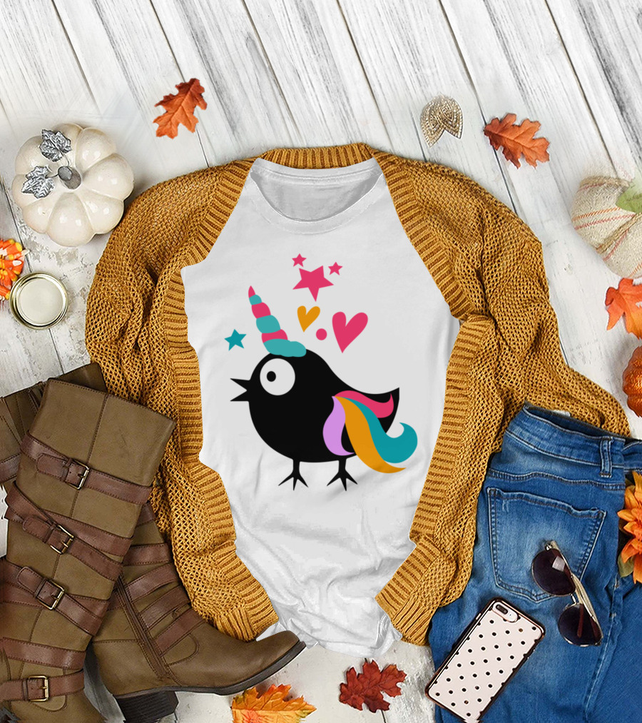 Unicorn Bird with Colorful Stars and Hearts T-Shirt
