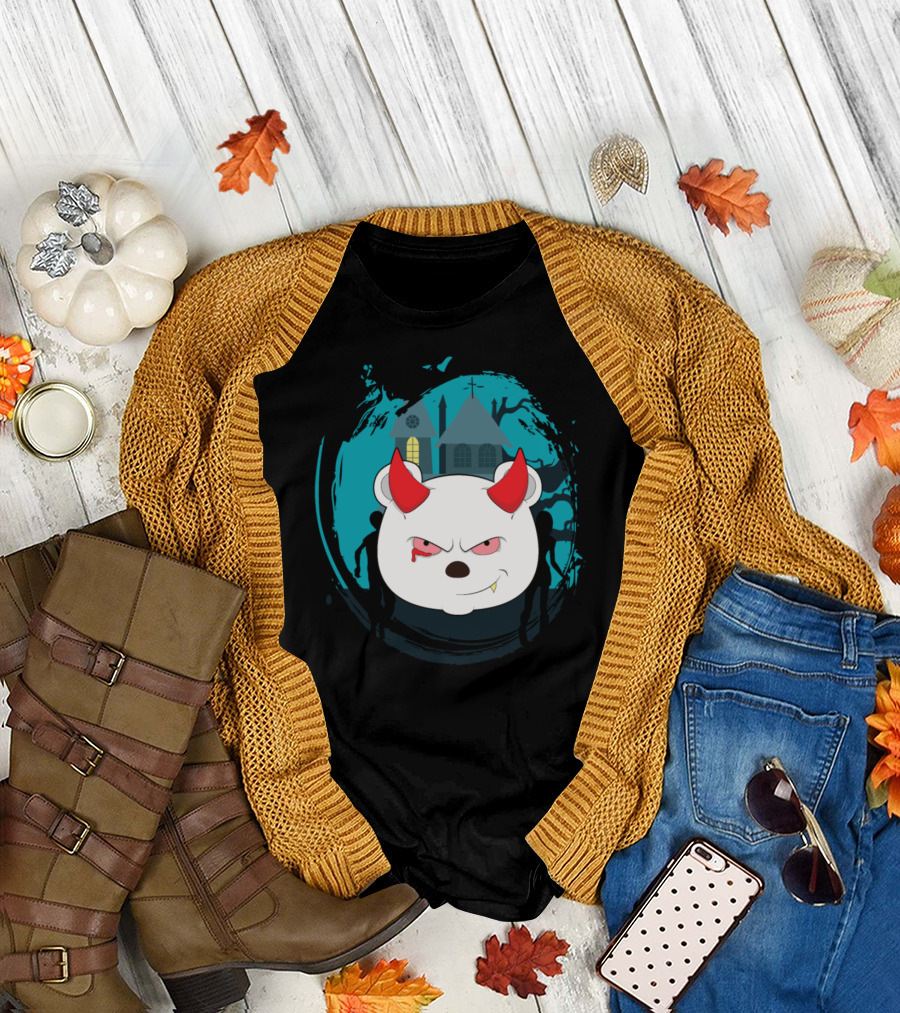 Vampire Polar Bear with Haunted House and Red Horns T-Shirt
