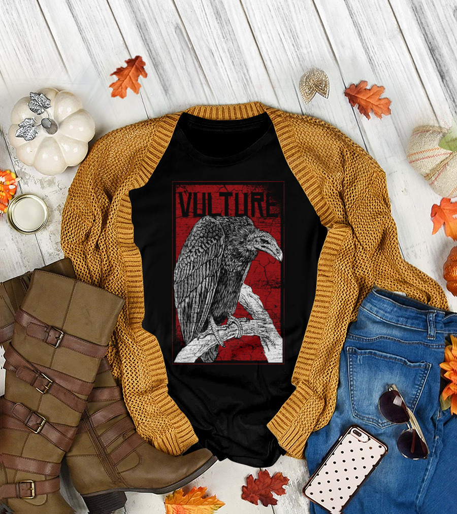 Vulture Vintage Illustration on Crimson Branch Background T-Shirt