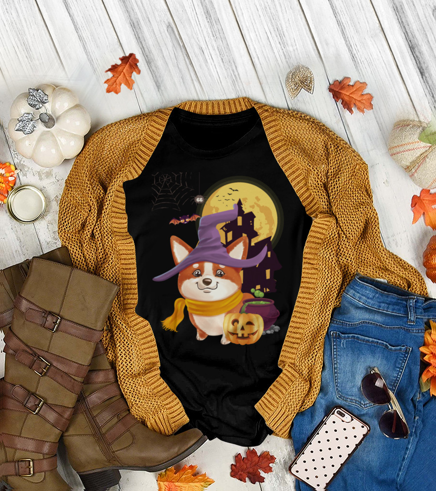 Welch Corgi Witch with Pumpkin and Cauldron Halloween Scene T-Shirt