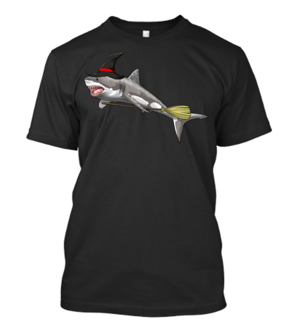 Witch Shark Funny Halloween Horror Scary Broom Hat T-Shirt