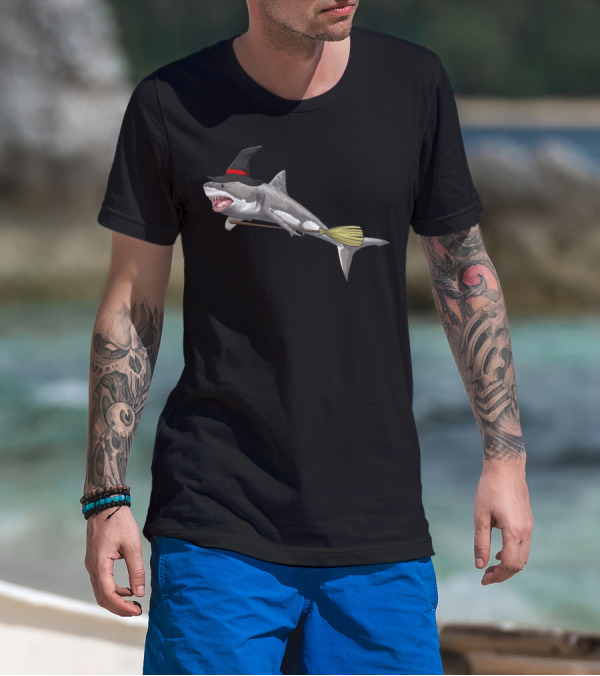 Witch Shark Funny Halloween Horror Scary Broom Hat T-Shirt