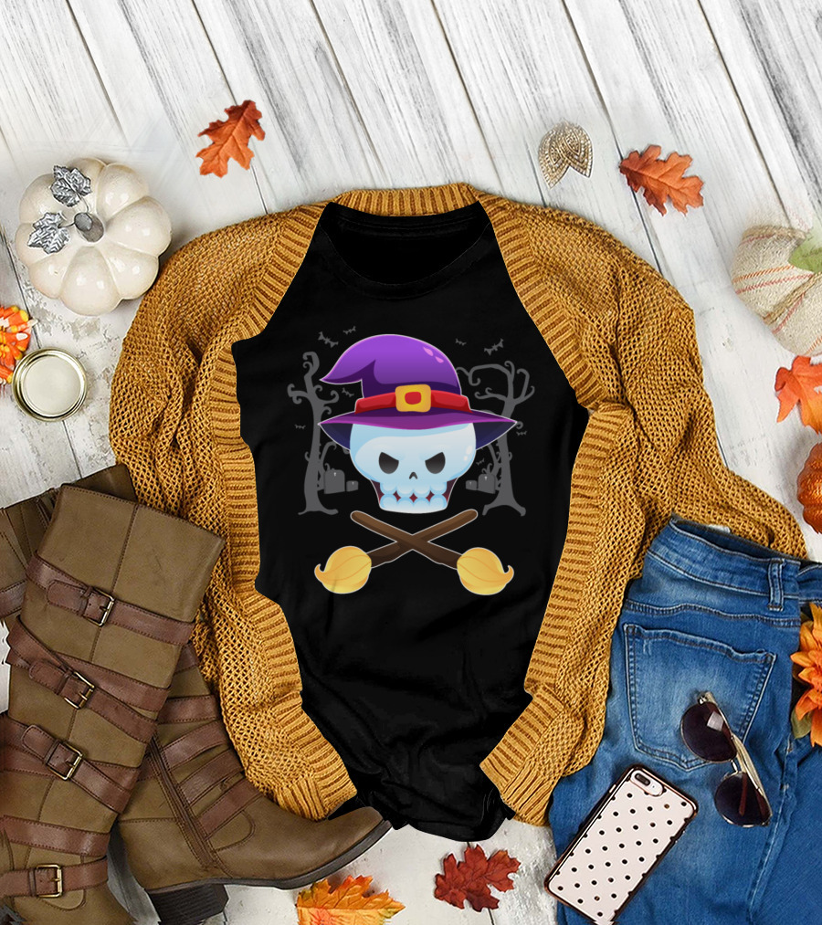Witch Skull with Purple Hat and Broomstick Crossbones in Haunted Forest T-Shirt