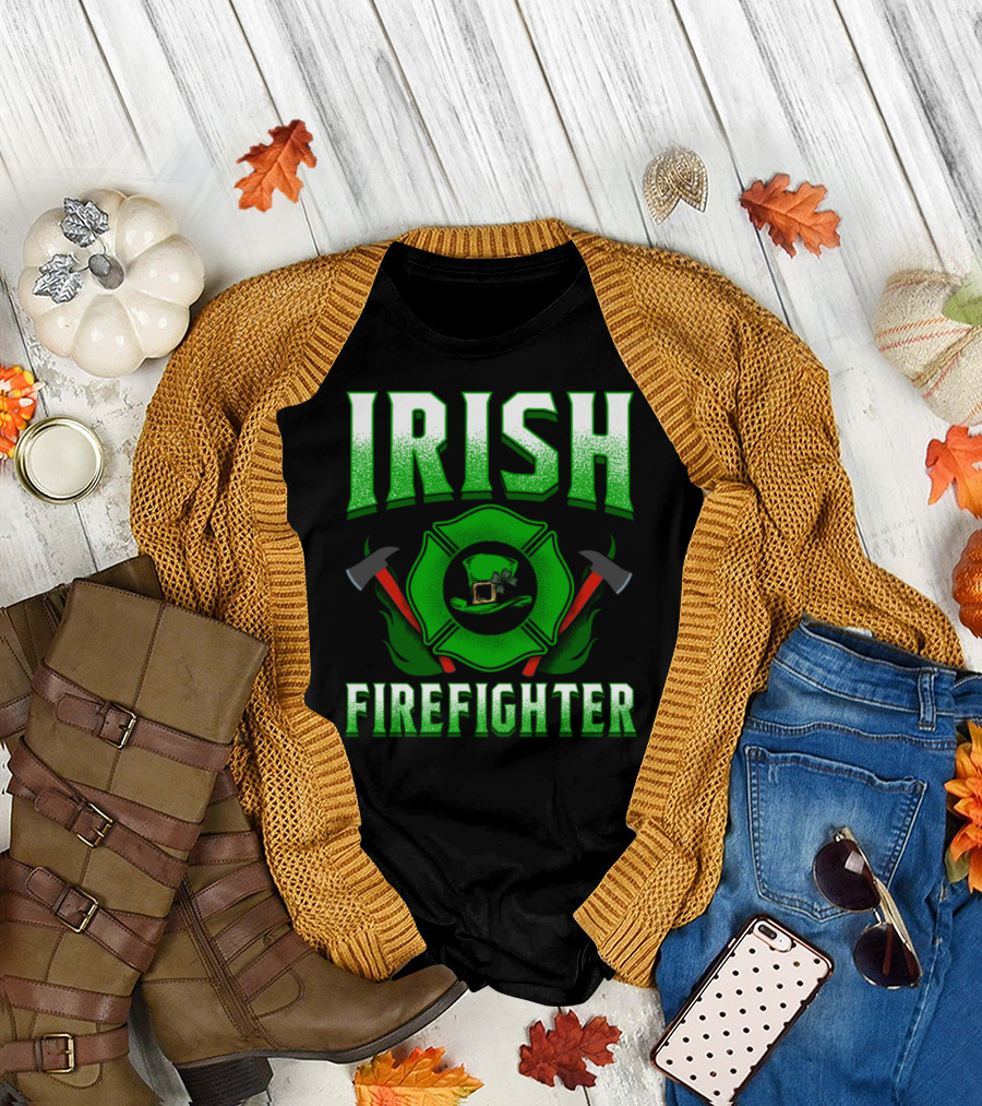Irish Firefighter Shamrock Hat Axes Emblem T-Shirt