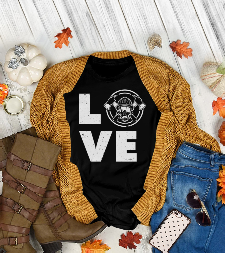 LOVE Firefighter Helmet Axes Mask T-Shirt