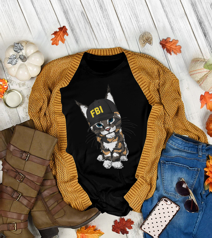 Cat Wearing FBI Cap with Playful Expression T-Shirt