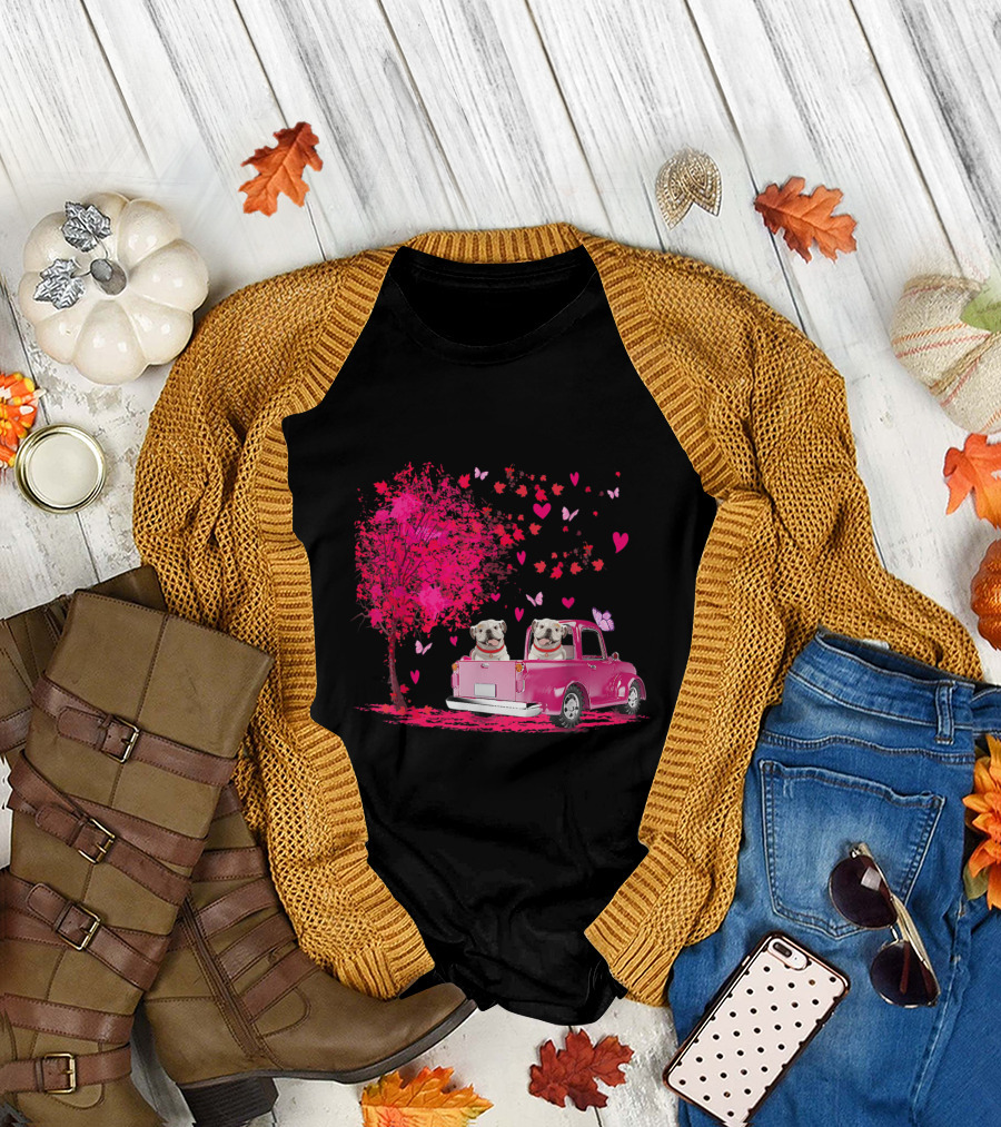 English Bulldog Couple Pink Truck Hearts and Butterflies Valentine's T-Shirt