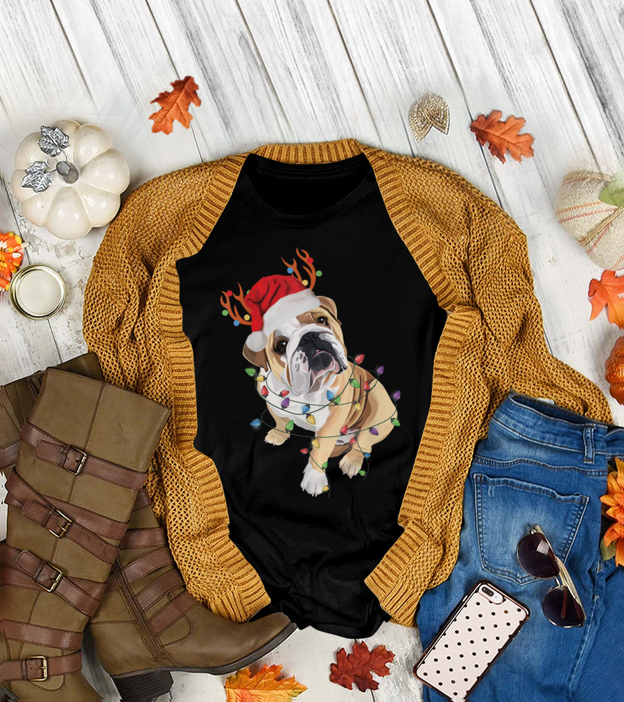 English Bulldog Christmas Lights Santa Hat Reindeer Antlers T-Shirt