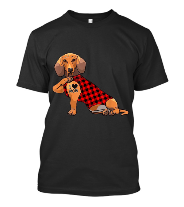 Cute Dachshund Dog I Love Mom Plaid Tattoo T-Shirt
