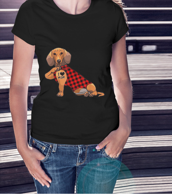 Cute Dachshund Dog I Love Mom Plaid Tattoo T-Shirt