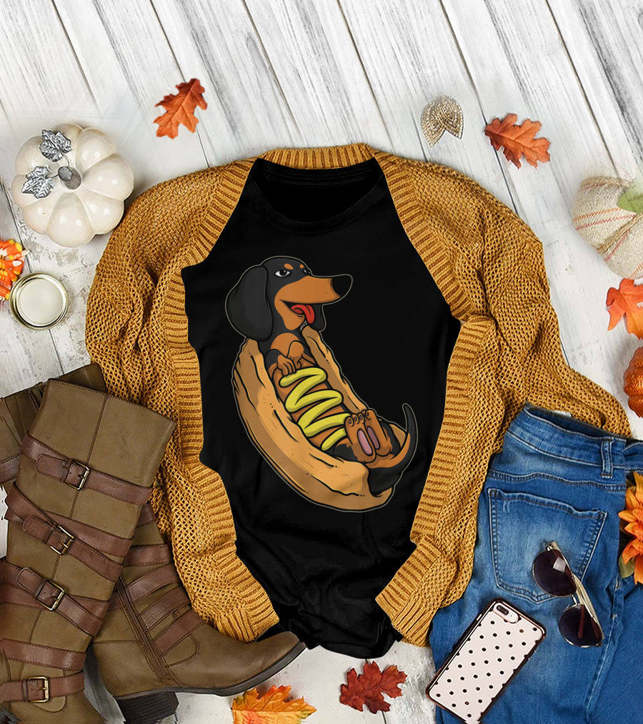 Weiner Dog Sausage Relaxed in Hot Dog Bun with Mustard T-Shirt