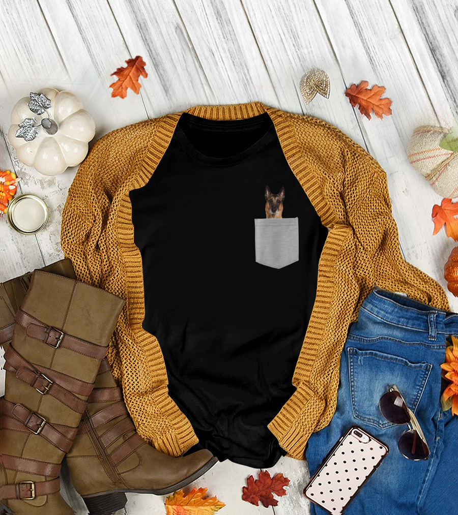 Belgian Malinois Dog Peeking Out of Pocket T-Shirt