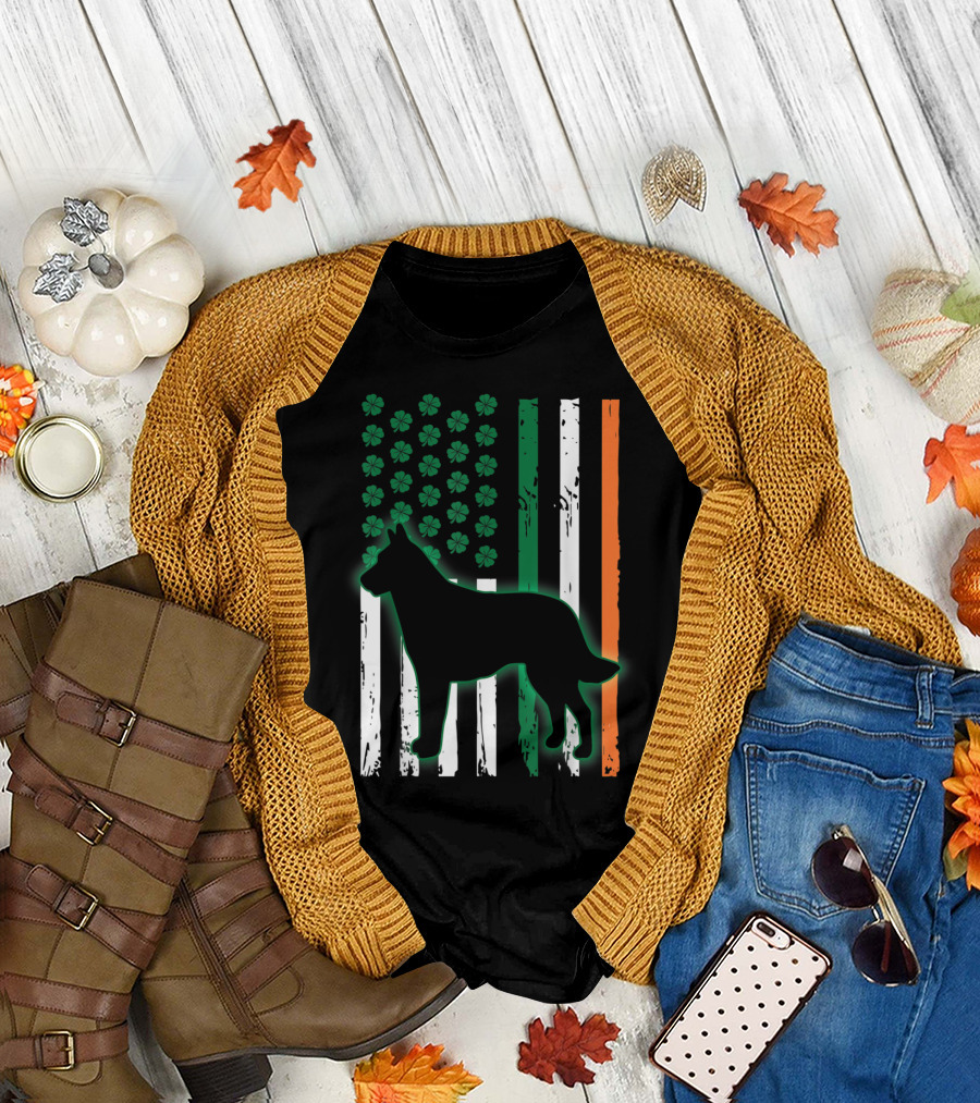 Irish American Flag Belgian Malinois Silhouette with Shamrocks T-Shirt