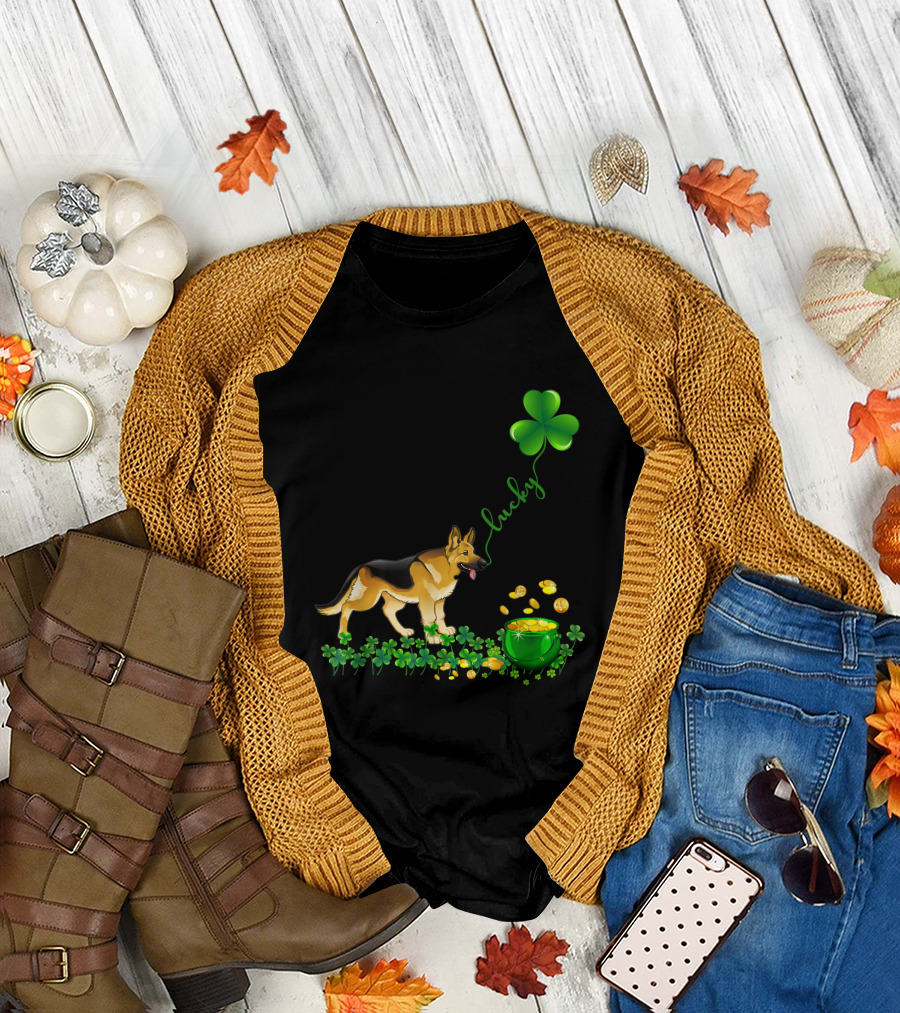 Lucky Shamrock Belgian Malinois Dog Gold Coins T-Shirt