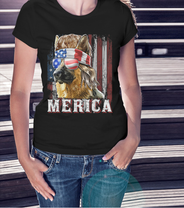 Merica German Shepherd Mullet USA Flag Glasses T-Shirt