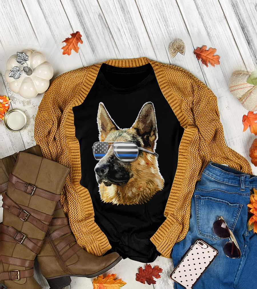 Thin Blue Line Flag Sunglasses German Shepherd K9 Police T-Shirt