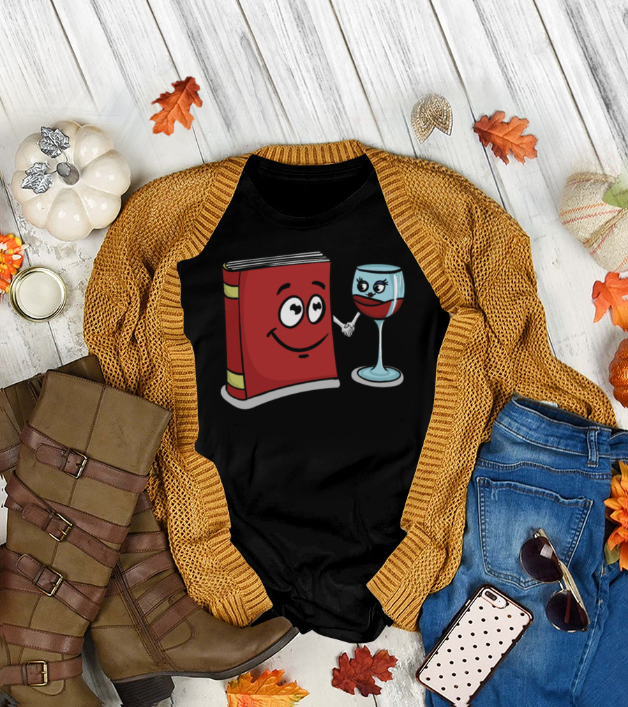 Book And Wine Smiling Cartoon Character Friendship T-Shirt