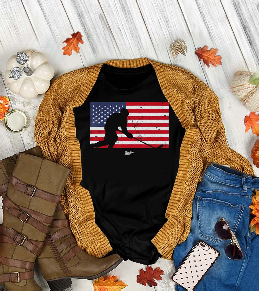 American Flag Silhouette Hockey Player Stick Handling T-Shirt