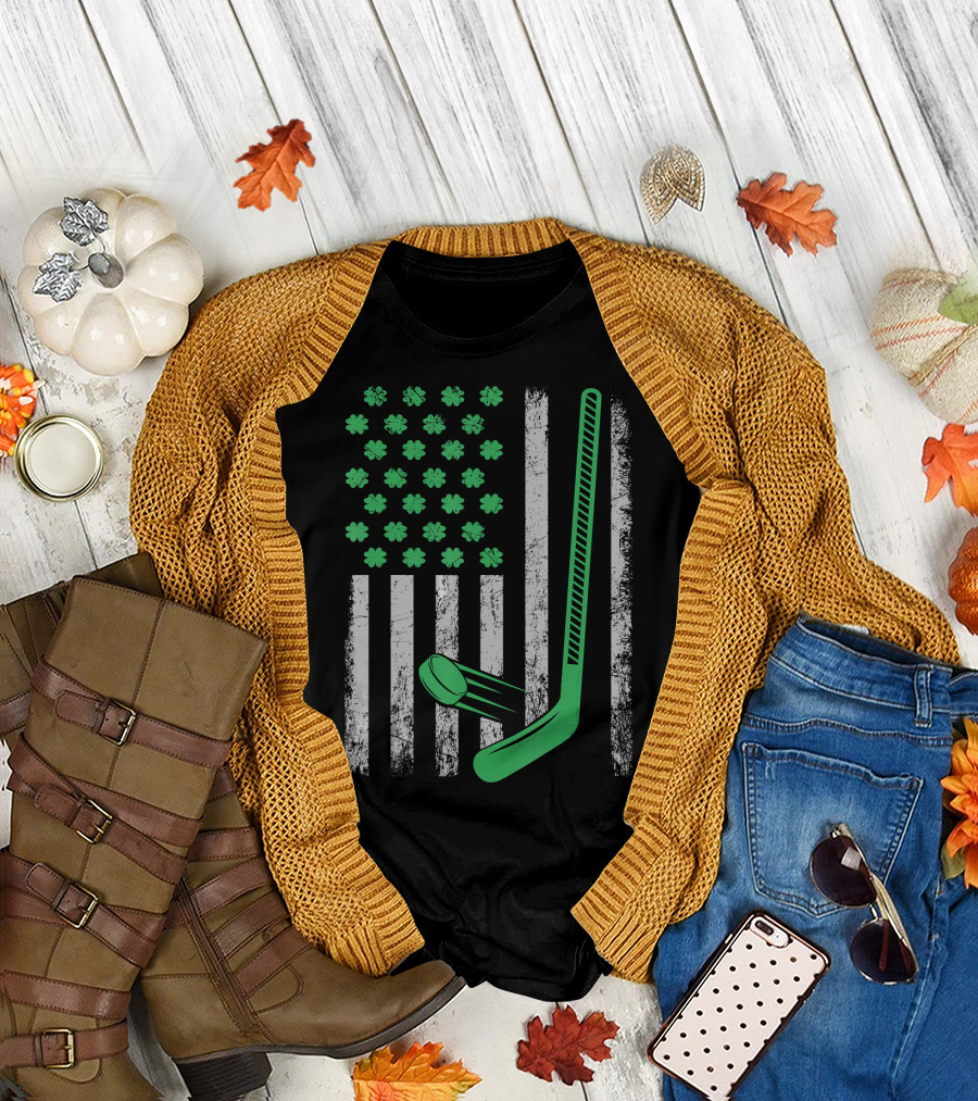 Funny St Patricks Day Irish American Hockey Shamrock Flag T-Shirt