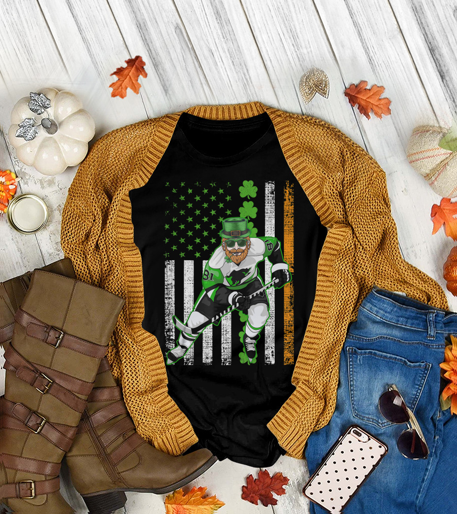 Irish American Flag Lucky Hockey Player with Shamrock and Beard T-Shirt