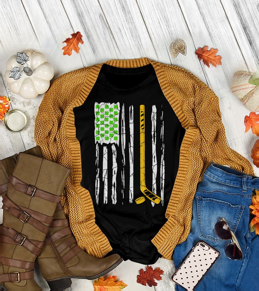 American Flag with Shamrocks and Hockey Stick T-Shirt