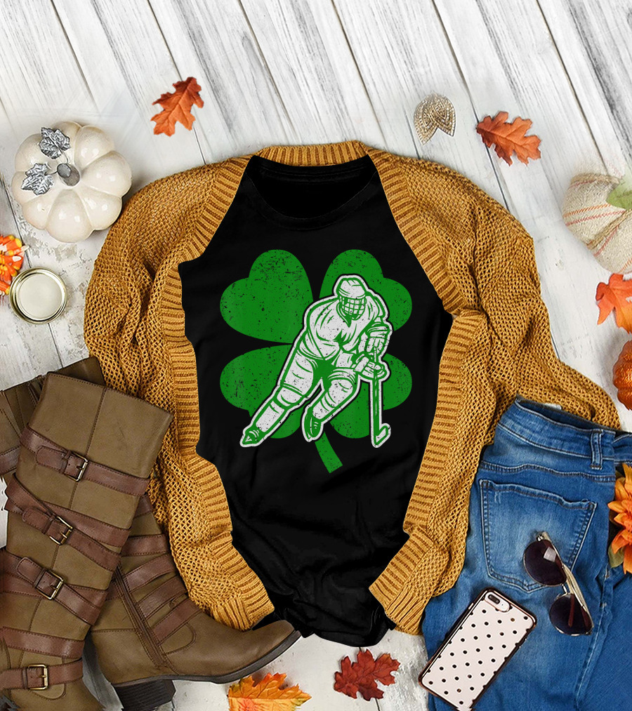 Vintage Shamrock Leaf Lucky Ice Hockey Player Retro Rink T-Shirt