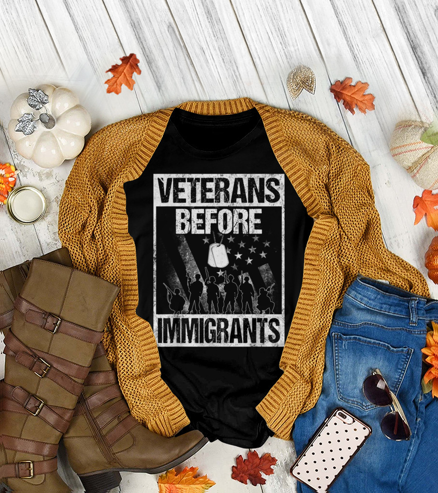 Veterans Before Immigrants Military Silhouette Dog Tags Stars T-Shirt