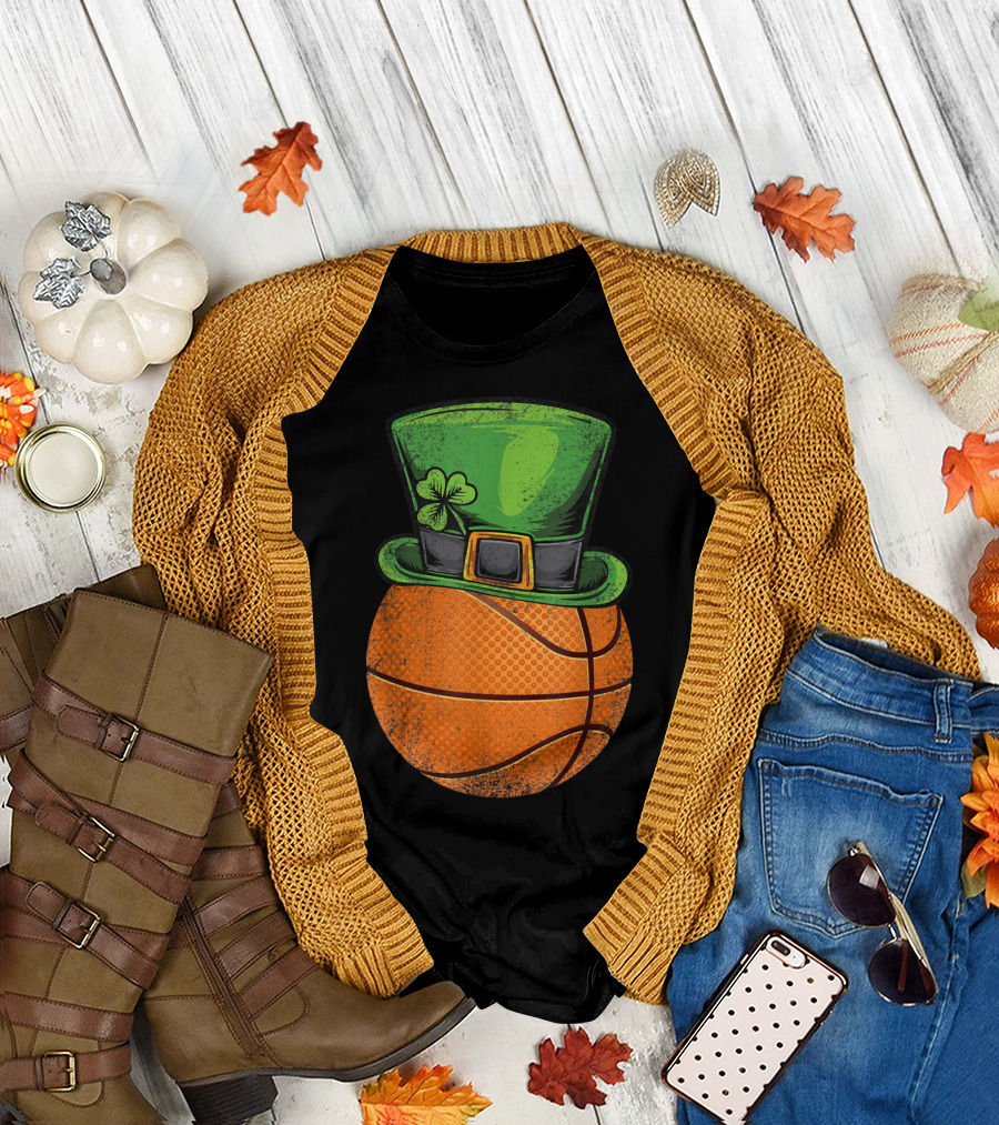 Basketball with Leprechaun Hat and Shamrock T-Shirt