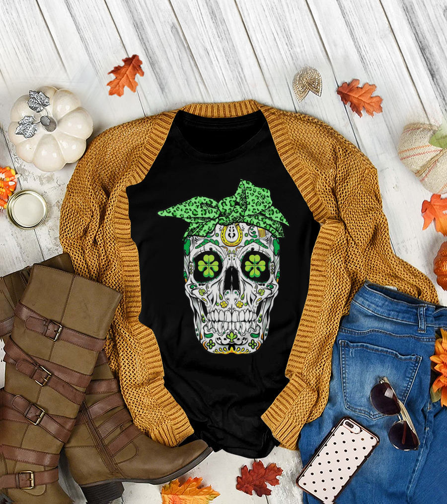 Sugar Skull Shamrock with Green Leopard Print Turban T-Shirt