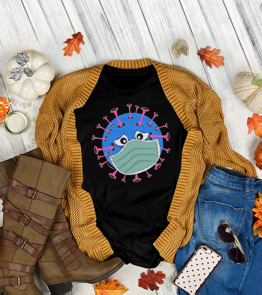 Virus With Face Mask Cartoon Character Pandemic Humor T-Shirt