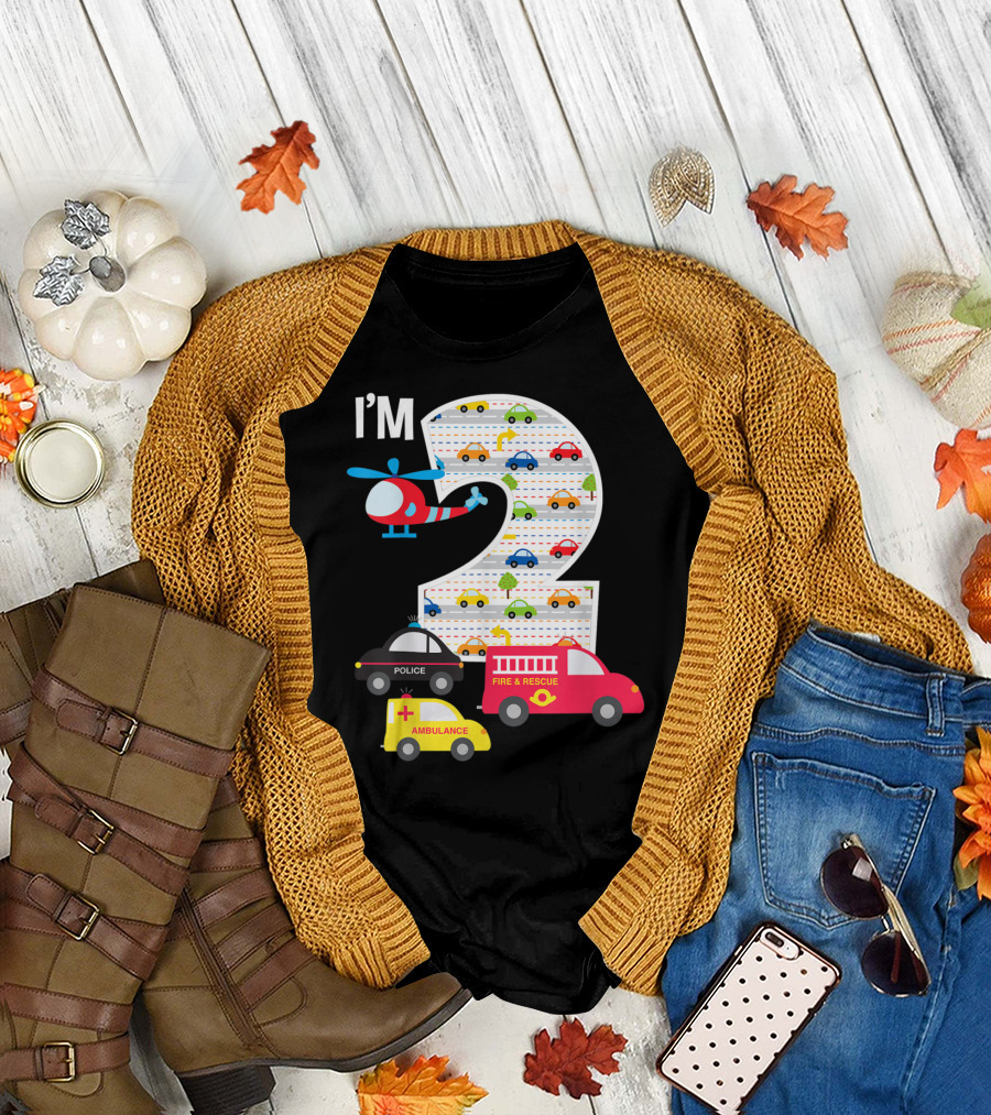 I'm 2 Fire Truck Police Ambulance Helicopter Birthday T-Shirt
