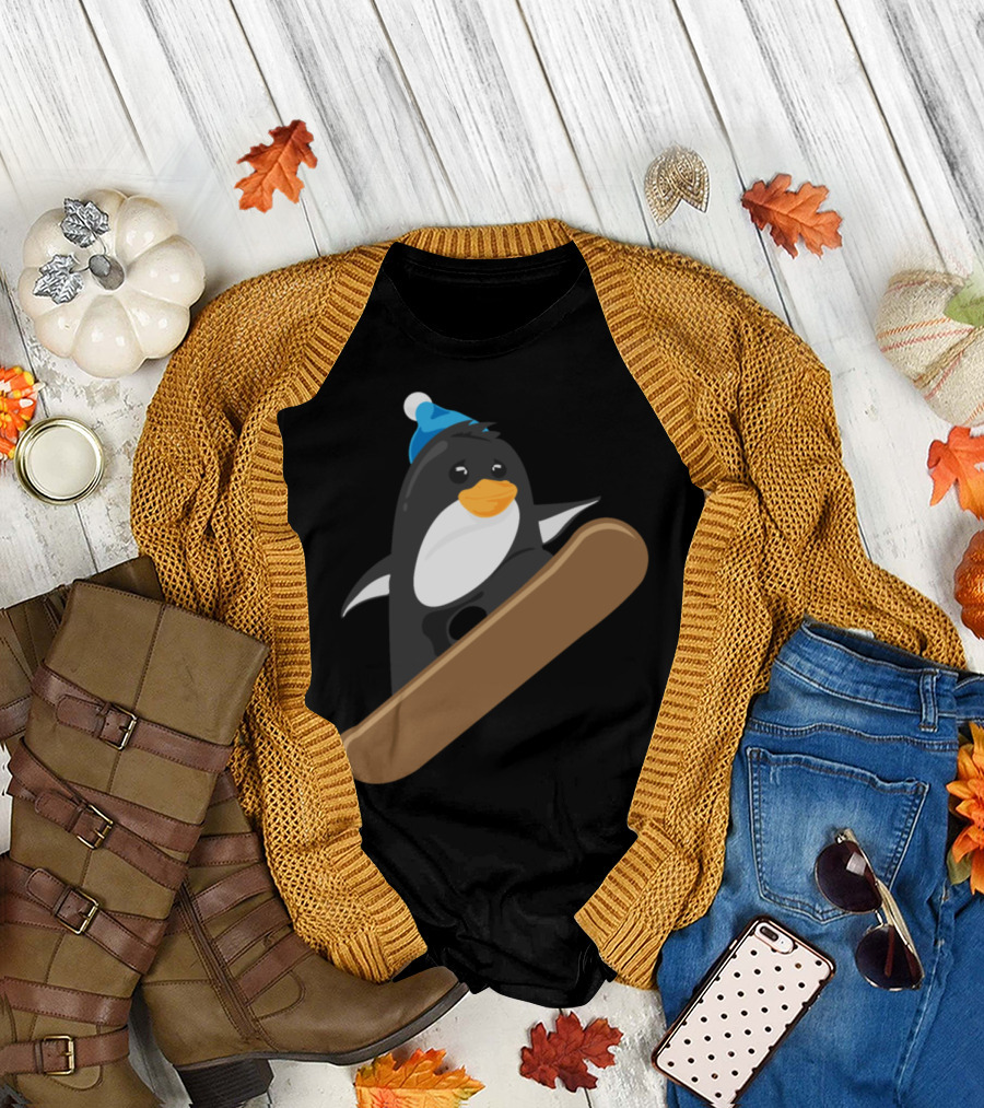 Penguin Snowboarder Adventure with Blue Beanie T-Shirt