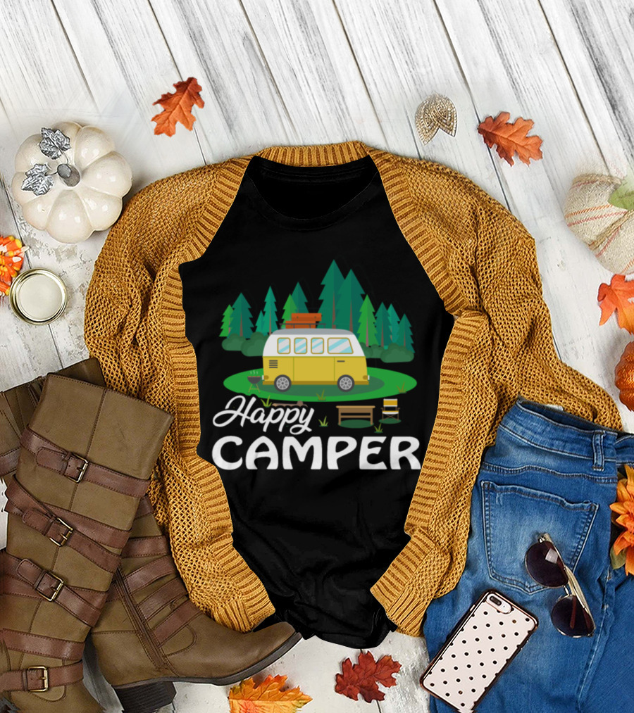 Happy Camper Nature Adventure with Trailer in Forest Campground T-Shirt