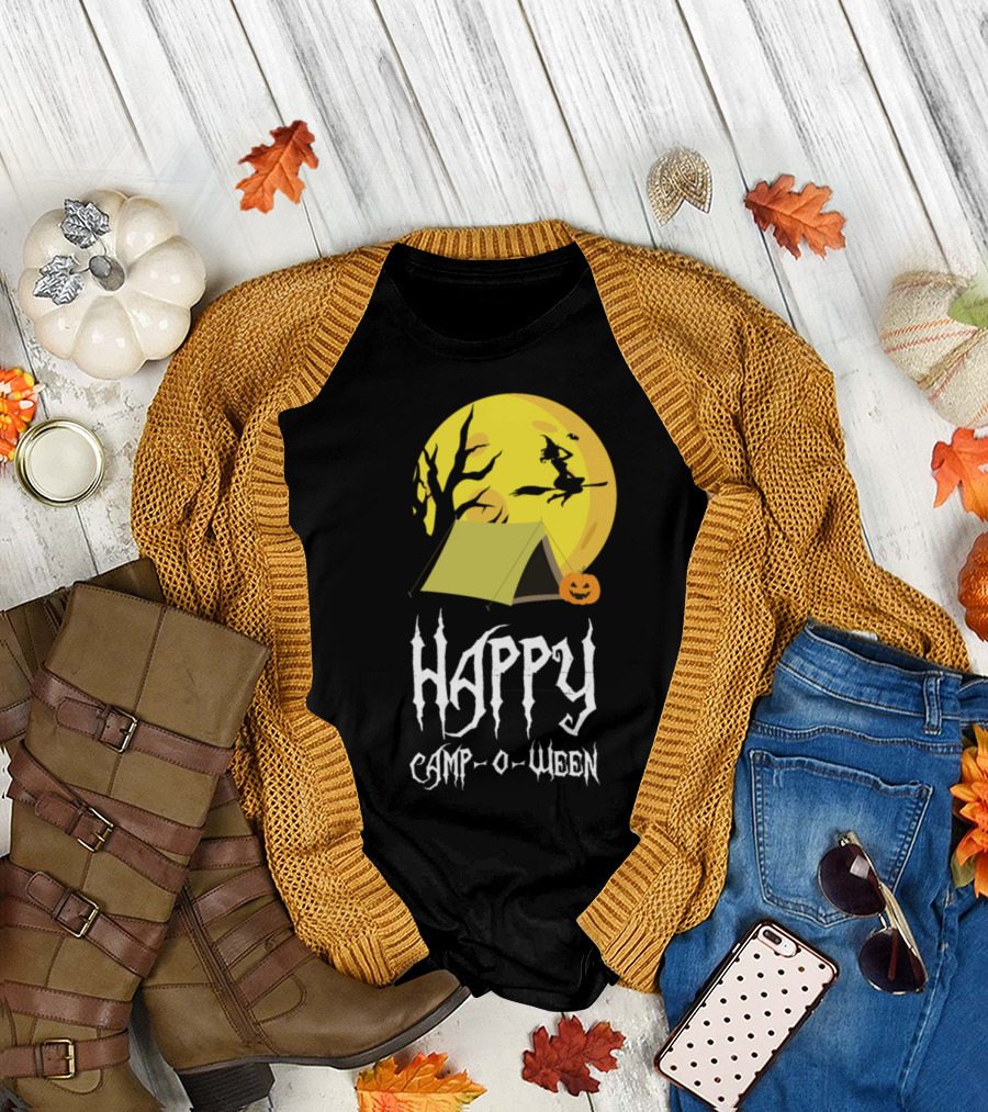 Happy Campoween Funny Halloween Camping Witch Full Moon Tent Pumpkin T-Shirt