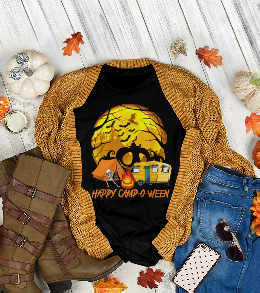 Happy Camp-O-Ween Pumpkin Camping Skeleton Bonfire Under Witch Moon T-Shirt