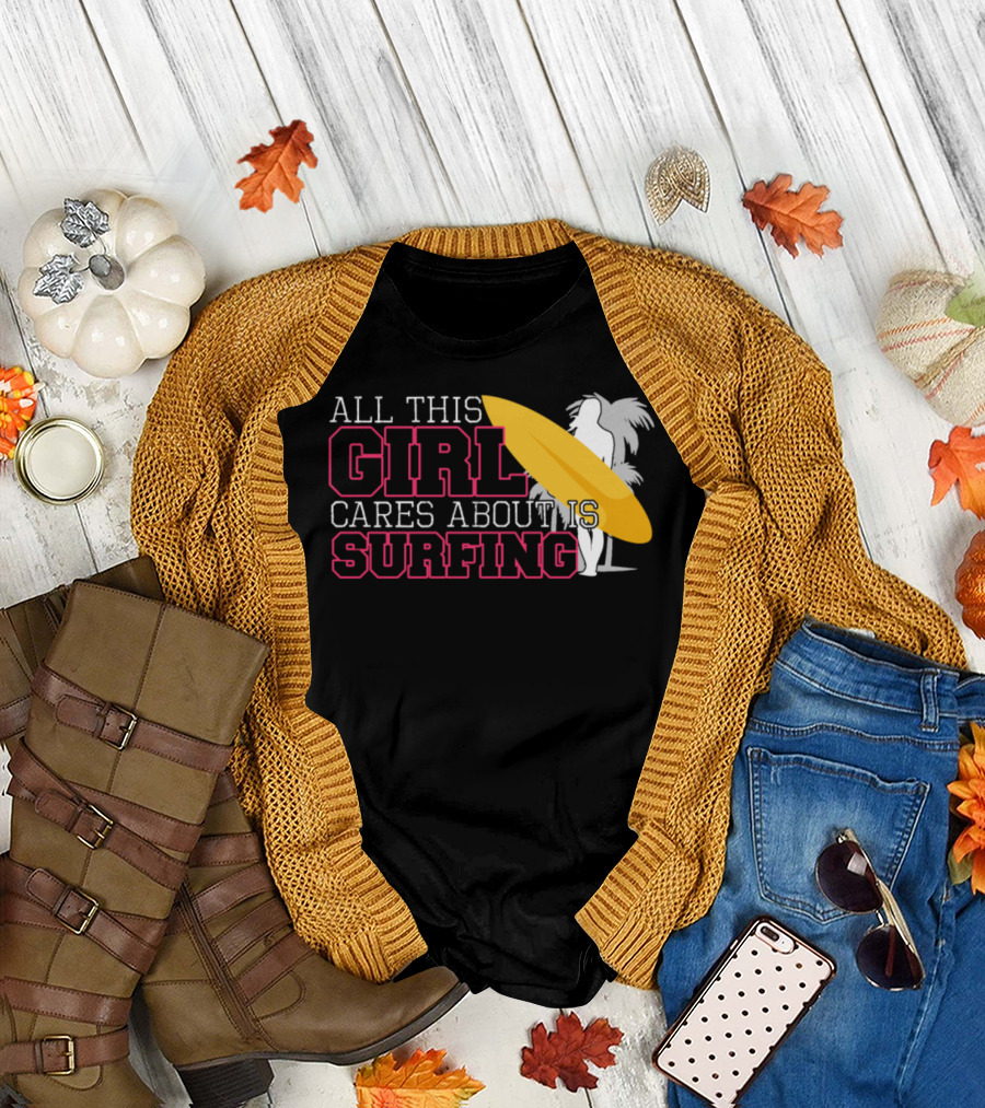 All This Girl Cares About Is Surfing Silhouette with Yellow Surfboard T-Shirt