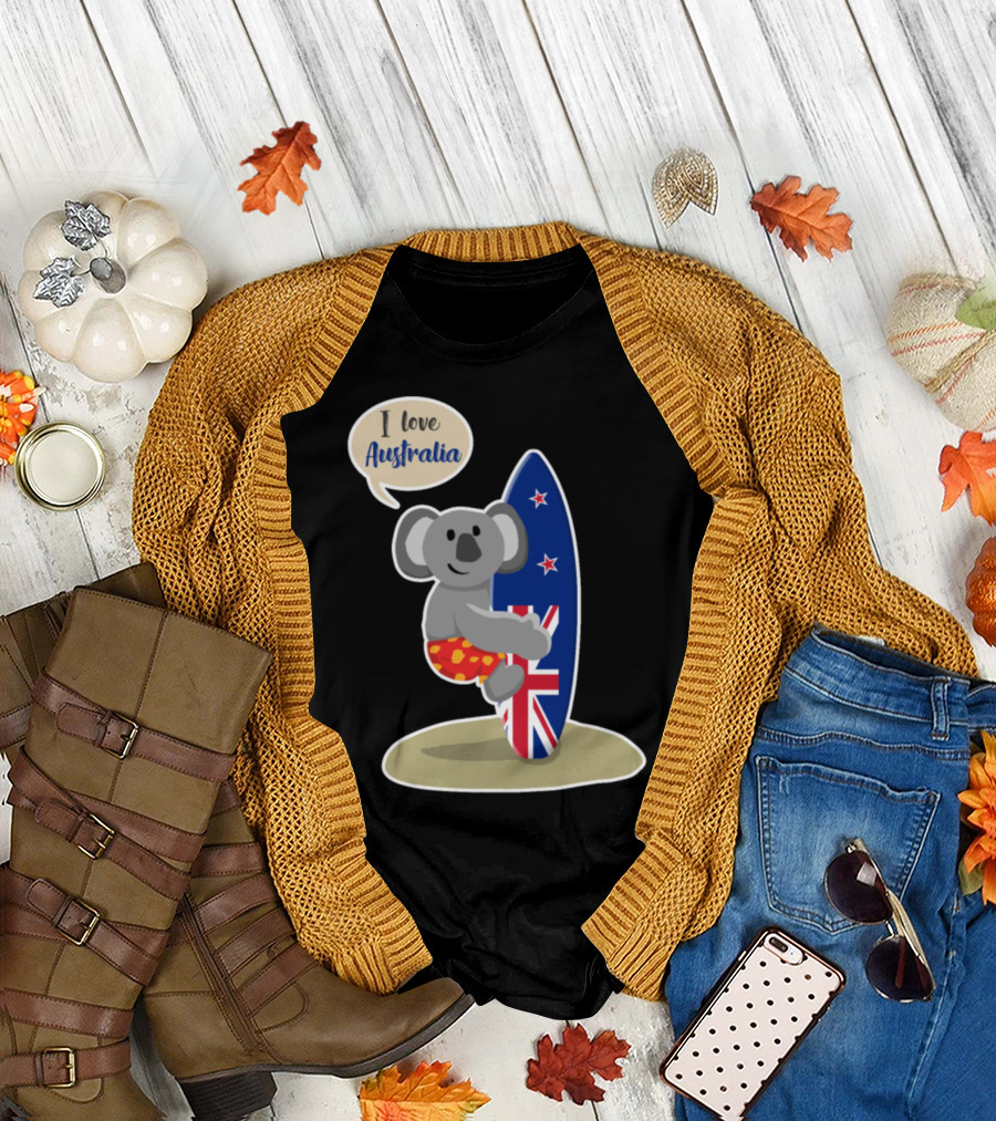 I Love Australia Koala Bear with Surfboard and Flag T-Shirt