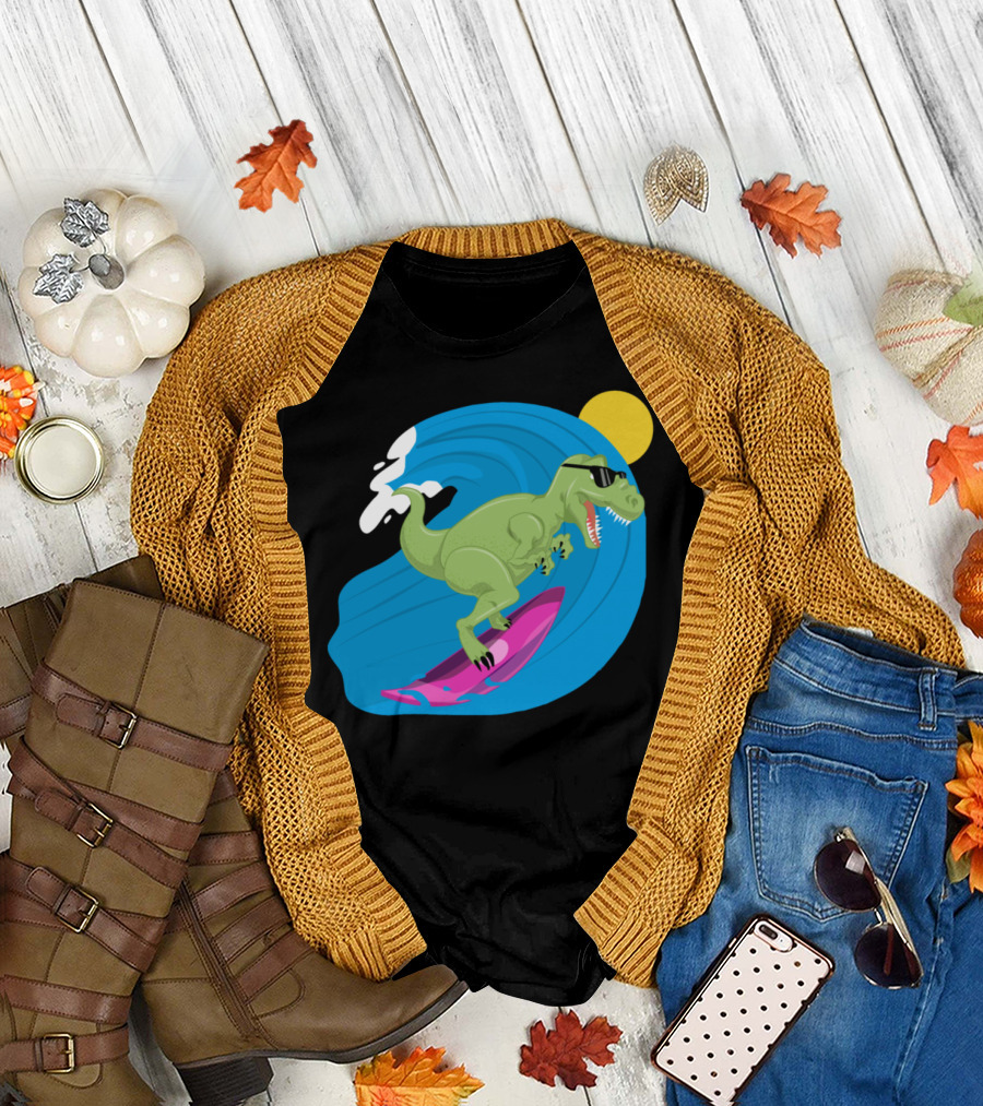 Cool Tyrannosaurus Rex Surfer Dinosaur Dino Riding Blue Wave with Sunglasses T-Shirt