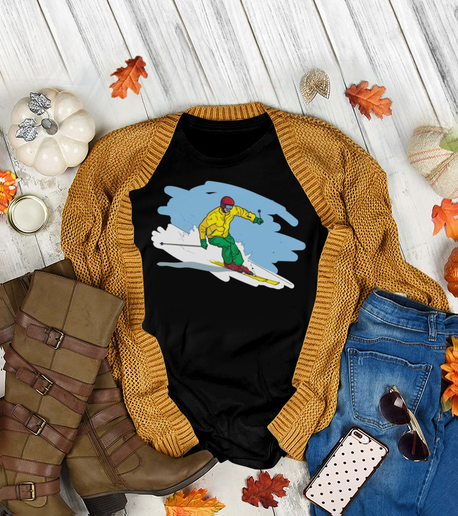 Downhill Skiing Adventure with Colorful Skier in Action T-Shirt
