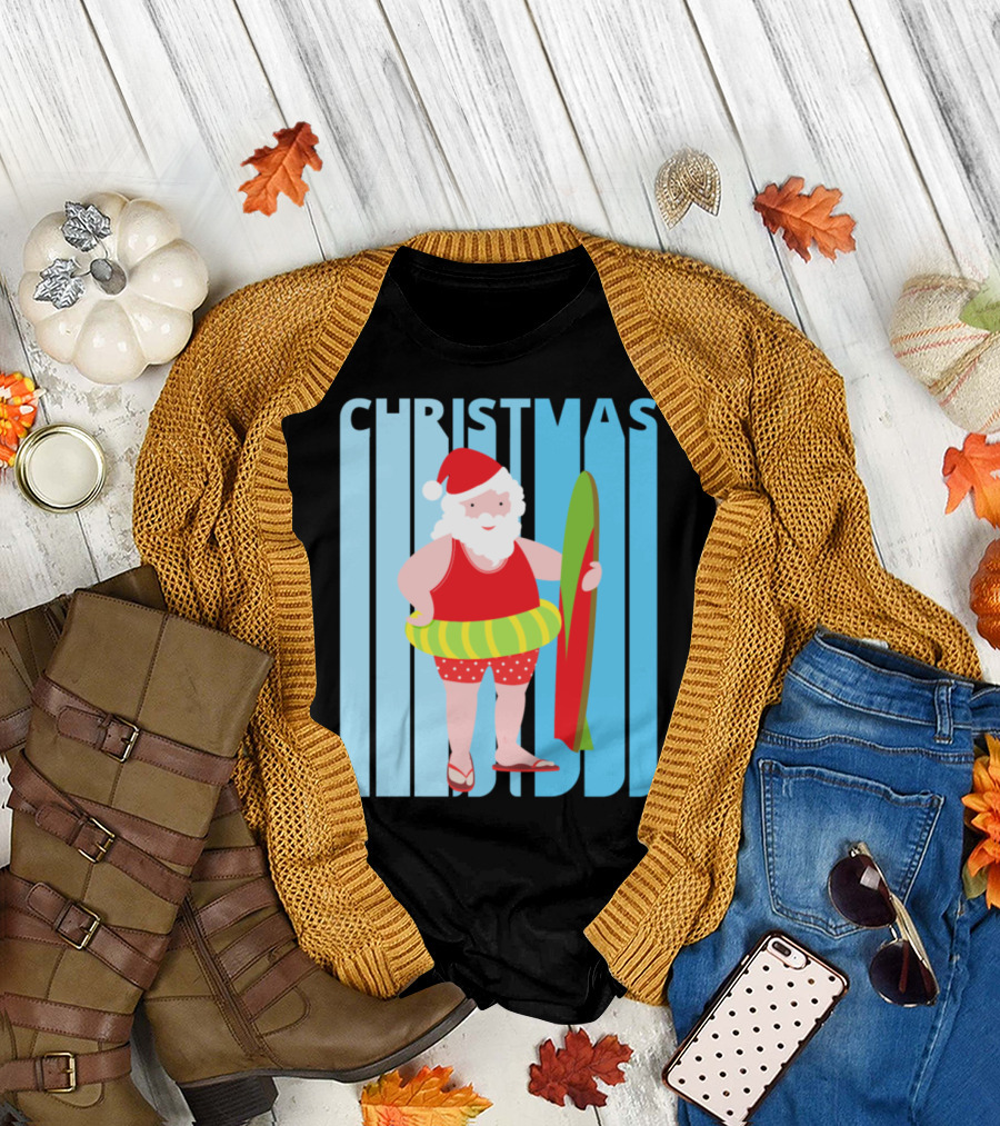 Funny Vintage Humourous Christmas Santa on Holiday with Surfboard T-Shirt