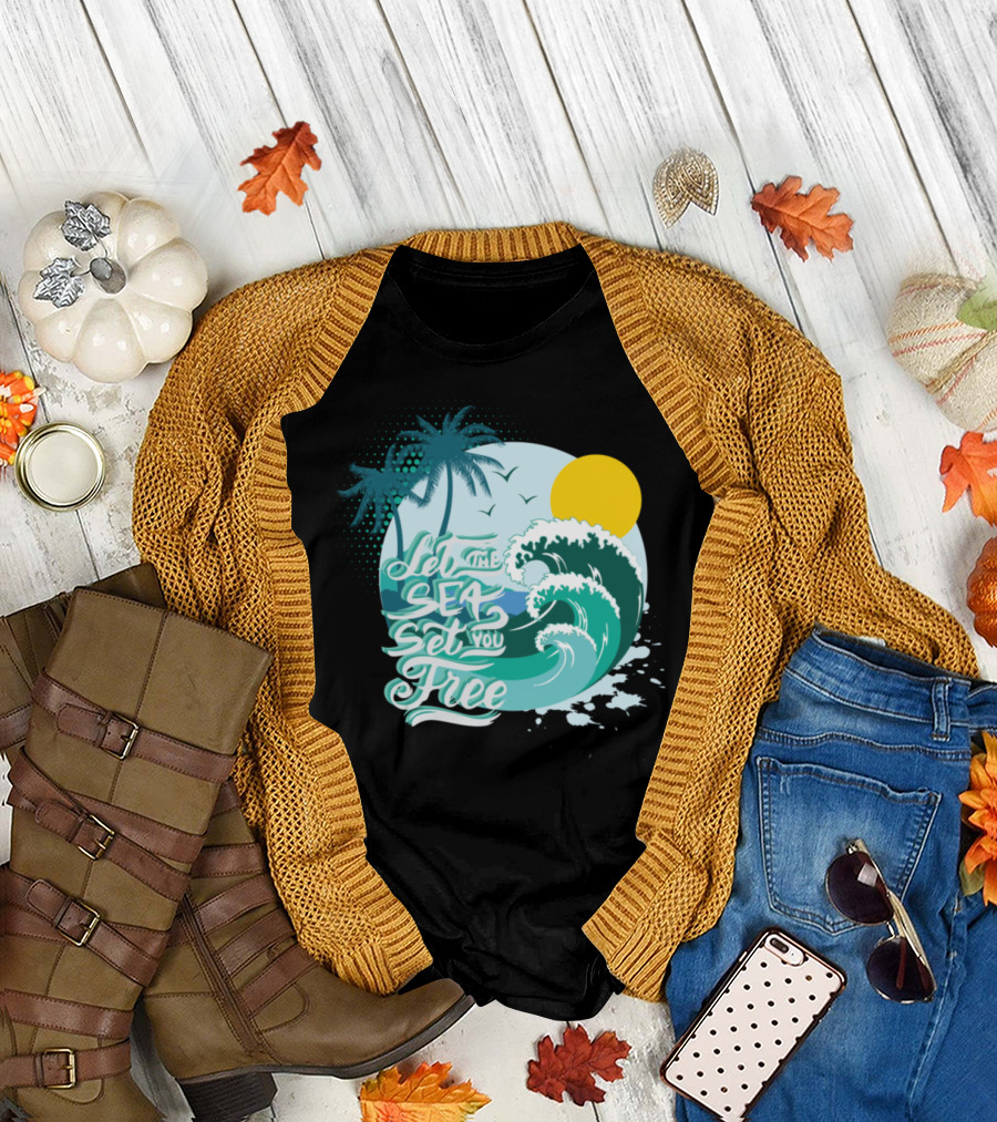 Let the Sea Set You Free Summer Surfing Palm Waves T-Shirt