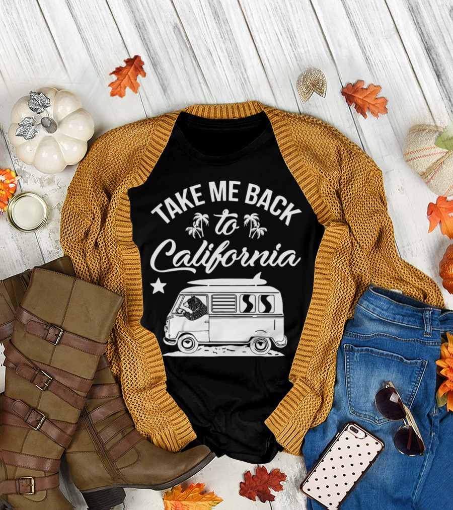 Take Me Back to California Bear Driving a Van with Palm Trees and Star T-Shirt