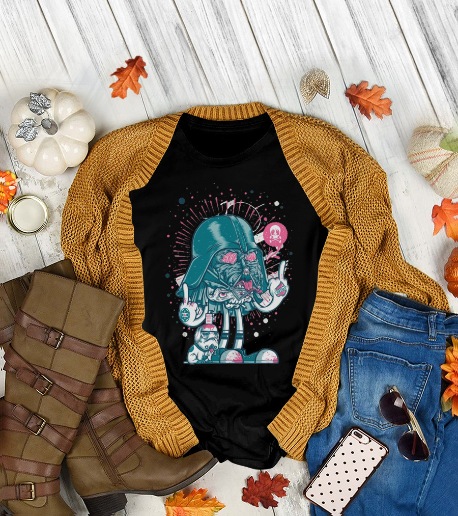 Dart Vader Geek Art Anthology Cartoon Parody Sci-Fi Character with Wanted Smuggler and Cosmic Neon Skulls T-Shirt