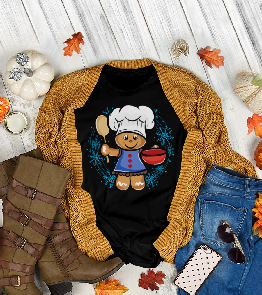 Gingerbread Man Chef with Spoon and Bowl Christmas Baking T-Shirt